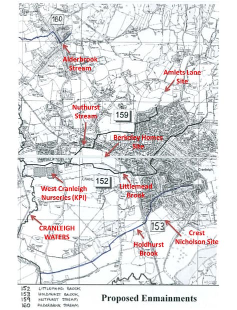 Map of Cranleigh displaying rivers