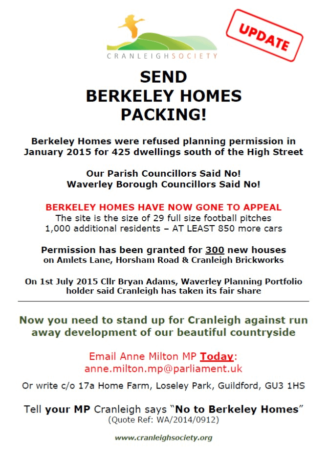 Poster Cranleigh Says NO to Berkeley Homes Appeal